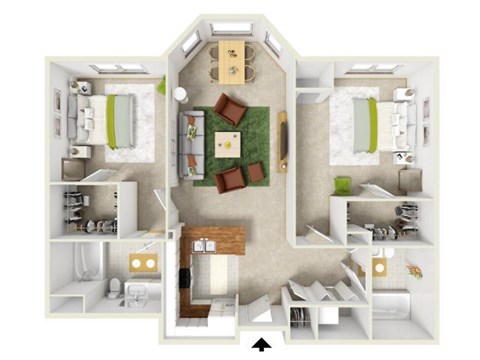 Floor plan for 2 beds, 2 baths, 1109 sqft